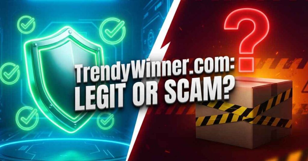 Illustrated split graphic asking if trendywinner com is a legitimate website or a scam store.