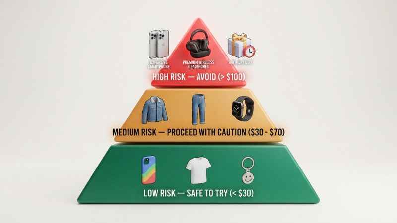 Product risk pyramid showing what items are safe to buy on trendywinner com.