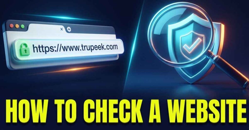 Illustration of a web browser showing the address trupeek com next to a safety shield and magnifying glass.