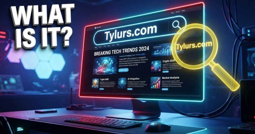 Illustration of a computer screen displaying a website layout for tylurs com.