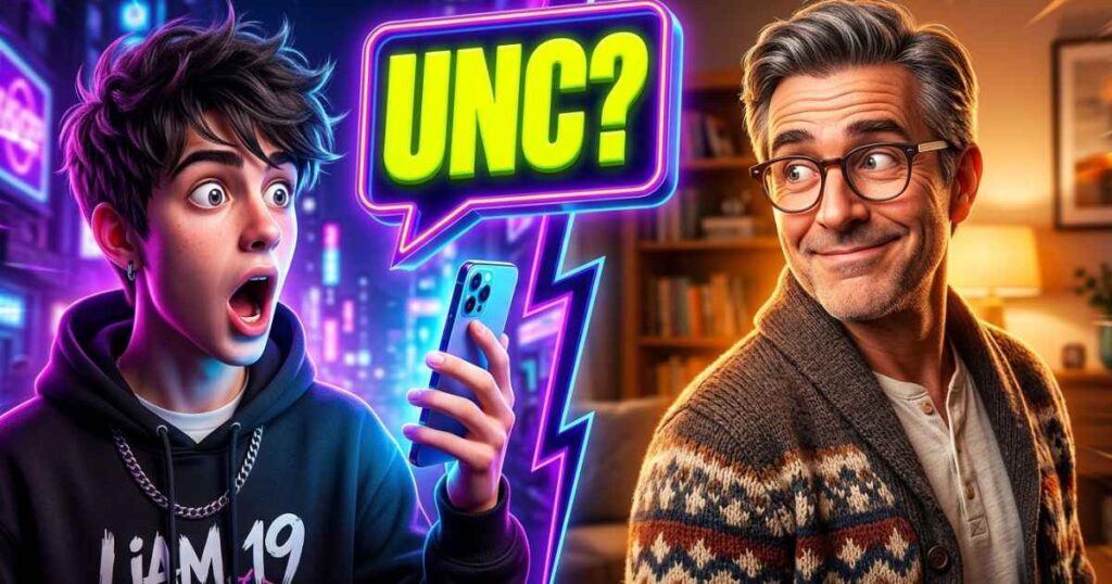 An illustration of a teenager looking at a phone while talking to an older man, representing the slang term unc.