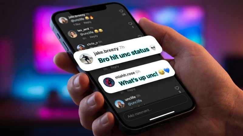 An illustrative mockup of a smartphone displaying social media app comments with text reading unc status and unc slang.