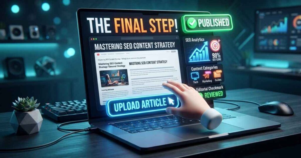 Digital dashboard showing article submission and publishing tools on UploadArticle.com.