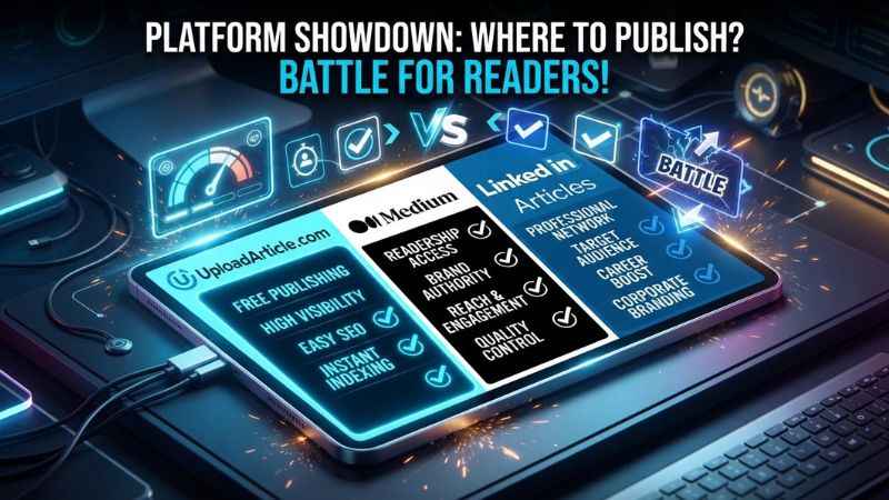 Visual comparison of UploadArticle.com alongside Medium and LinkedIn publishing platforms.