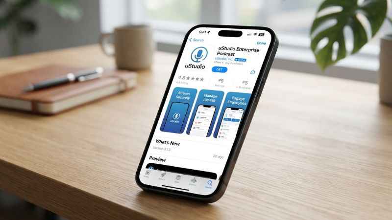 uStudio Enterprise Podcast corporate app store listing page.
