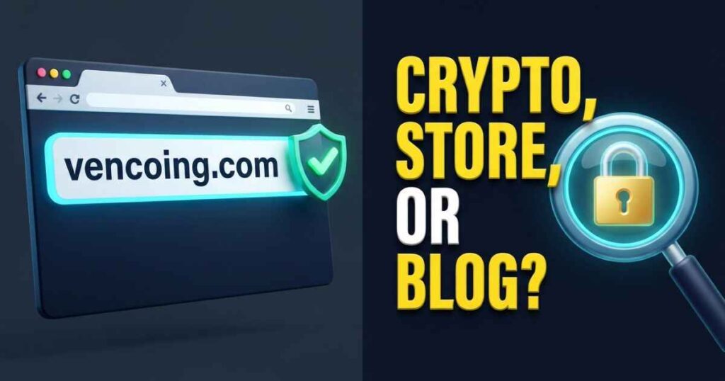 Illustrated diagram showing how to verify the Vencoing.com web address in a browser bar.