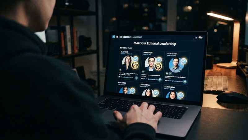 A laptop screen showing an About page with publicly listed team roles and contact details.