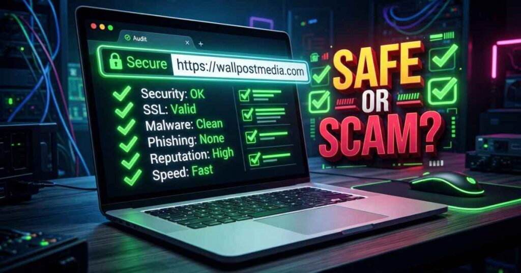 Laptop screen displaying a security audit and legitimacy review for wallpostmedia com.