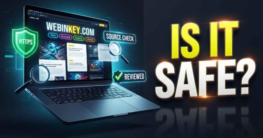 An illustration depicting a browser displaying Webinkey.com next to site review and source check labels.