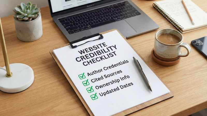 A printable checklist for checking author credentials, legal pages, and citations on general blogs.