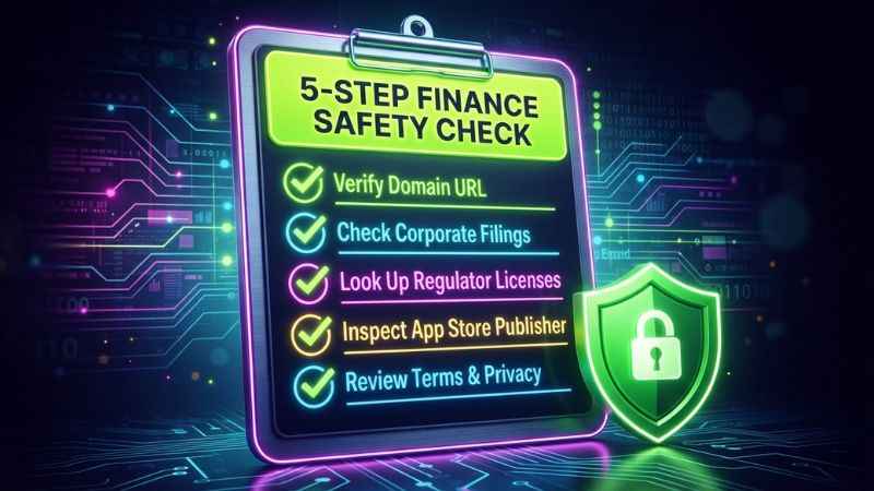 Consumer safety checklist highlighting steps to verify finance websites before sharing personal details.