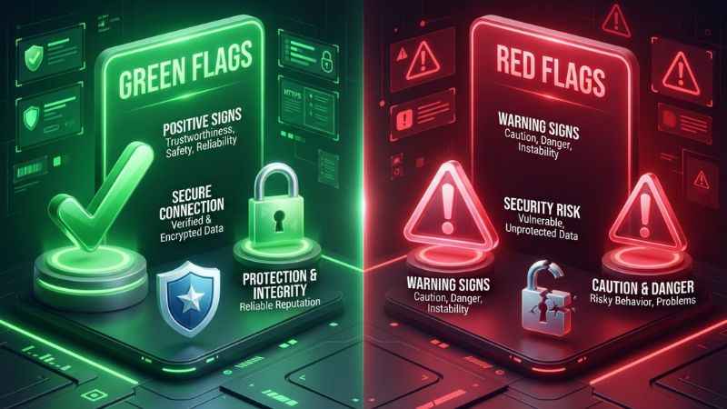 Diagram showing safety indicators like HTTPS lock icons versus red flags like unknown download prompts.