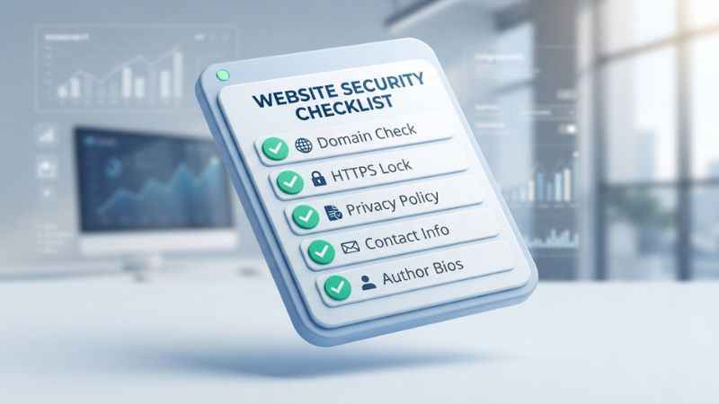 Diagram listing key website trust signals including privacy policy, contact details, and domain checks.