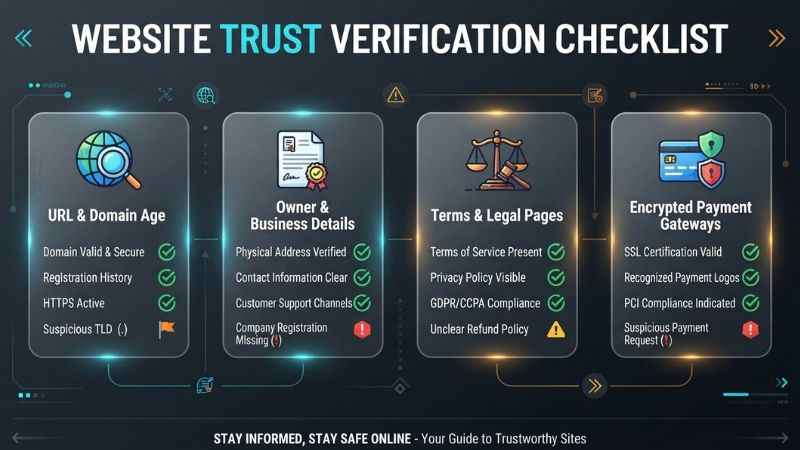 Proposed graphic checklist explaining how to verify if an unfamiliar website is safe before sharing personal data.