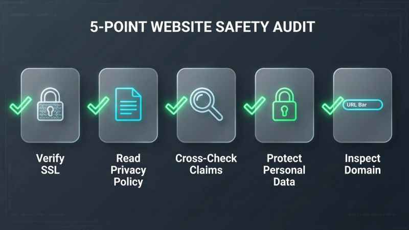 A 3-step checklist icon graphic for evaluating website security and domain safety.