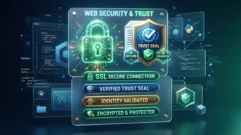 Conceptual visual of a secure web document with a green SSL lock icon and a checklist badge.