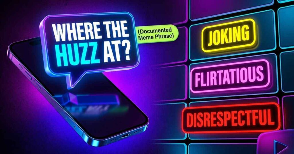 An illustration explaining what huzz means in slang across different social media contexts.