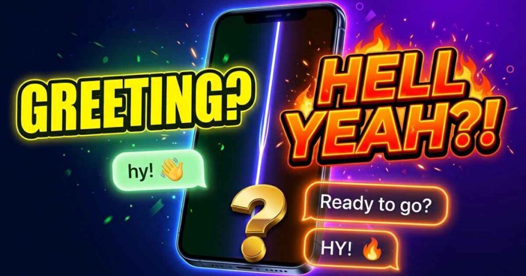 Smartphone screen displaying text messages illustrating the two meanings of HY as hey and hell yeah.