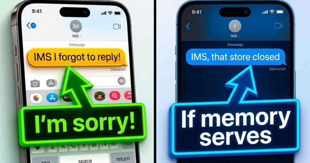 Illustration explaining what IMS means in text messaging with two sample conversations.