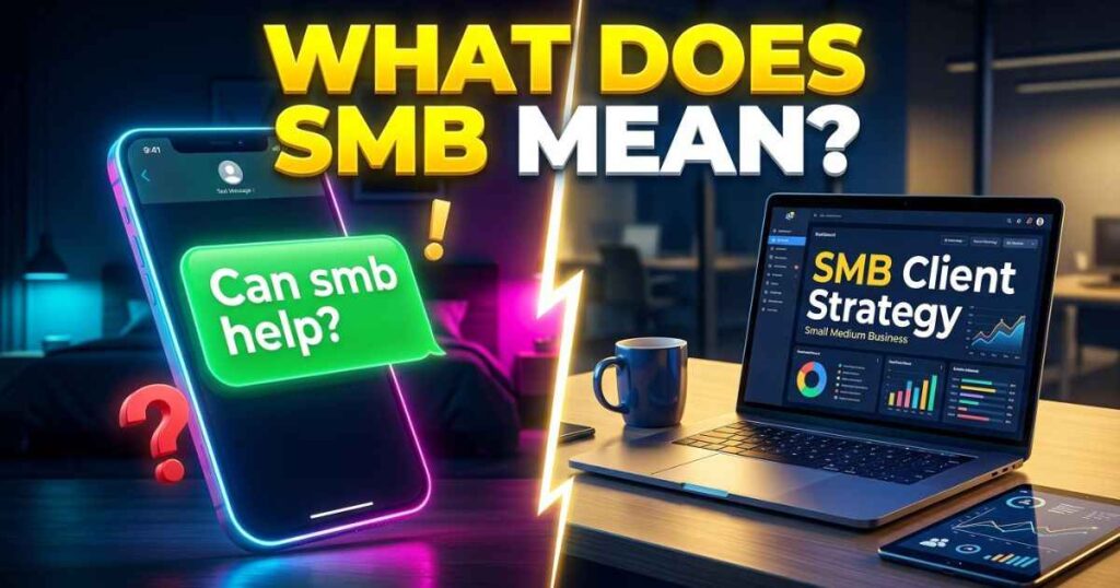 Split illustration showing SMB used in a casual text message and a business context.