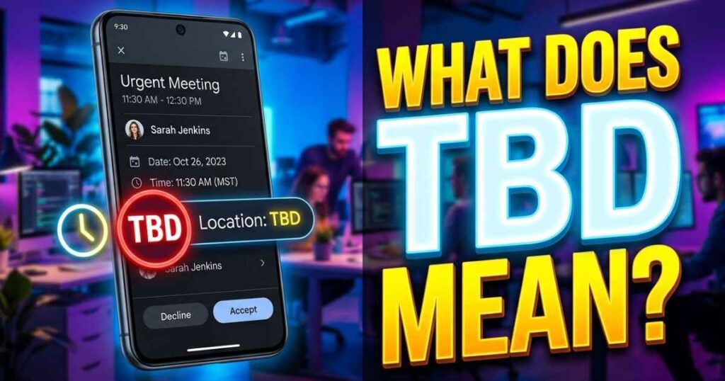 Digital calendar invitation showing an event time with location marked as TBD.
