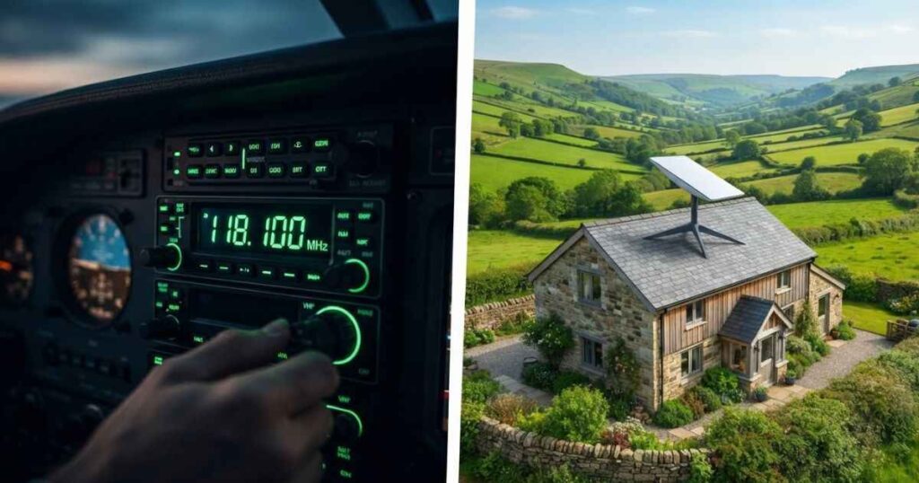 Split graphic showing an airplane cockpit radio screen next to a rural home with an internet receiver dish
