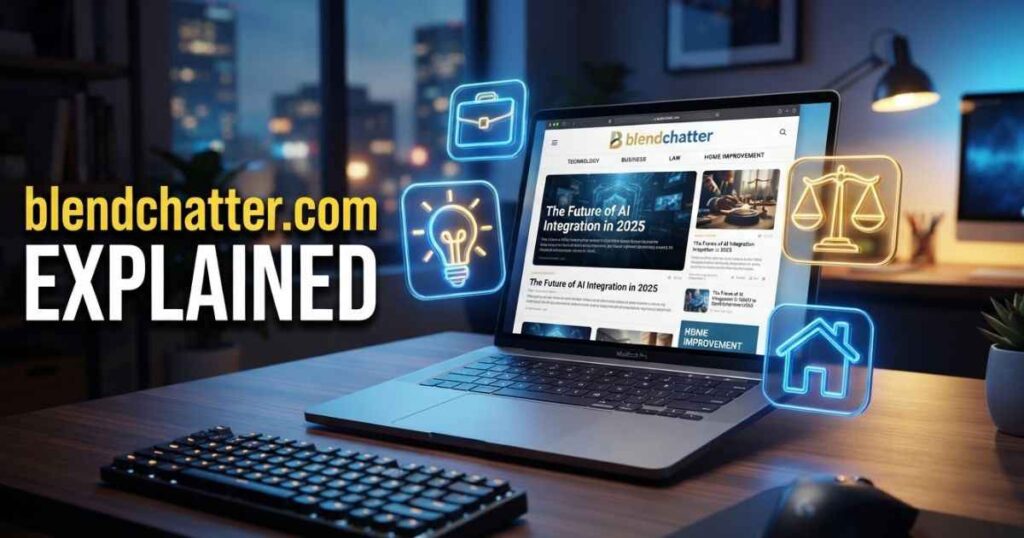 A high-contrast digital workspace with a laptop screen displaying blendchatter.com blog overview and glowing category icons.