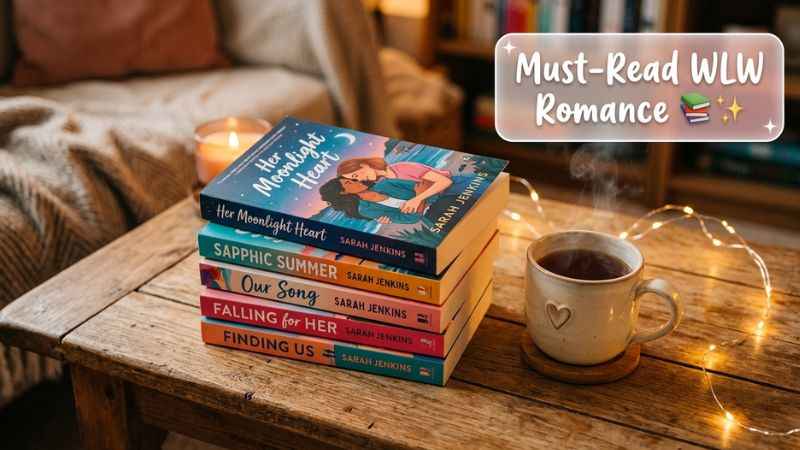 A stack of romance books featuring stories about women loving women.
