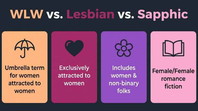 Infographic table explaining the differences between WLW, lesbian, sapphic, and FF romance terms.