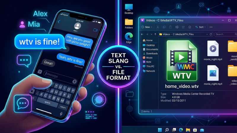 A visual comparison showing a Windows wtv video file extension next to a smartphone text message.