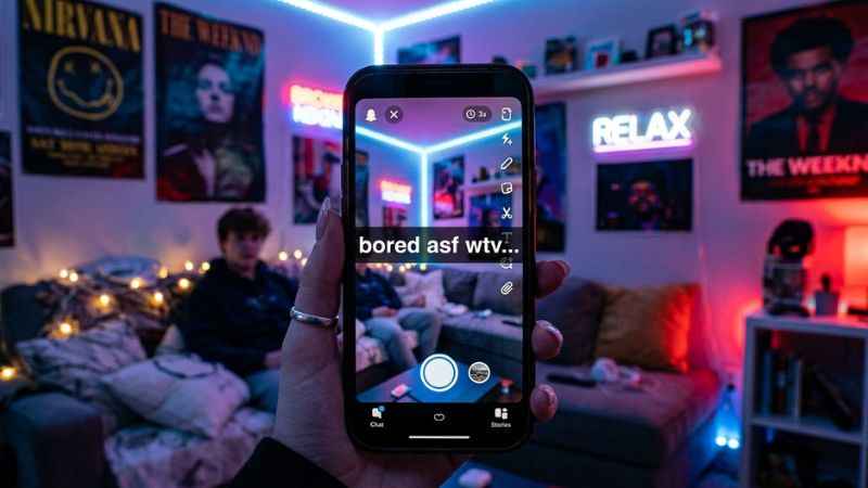 Snapchat photo screen showing the slang term wtv typed as an overlay caption.