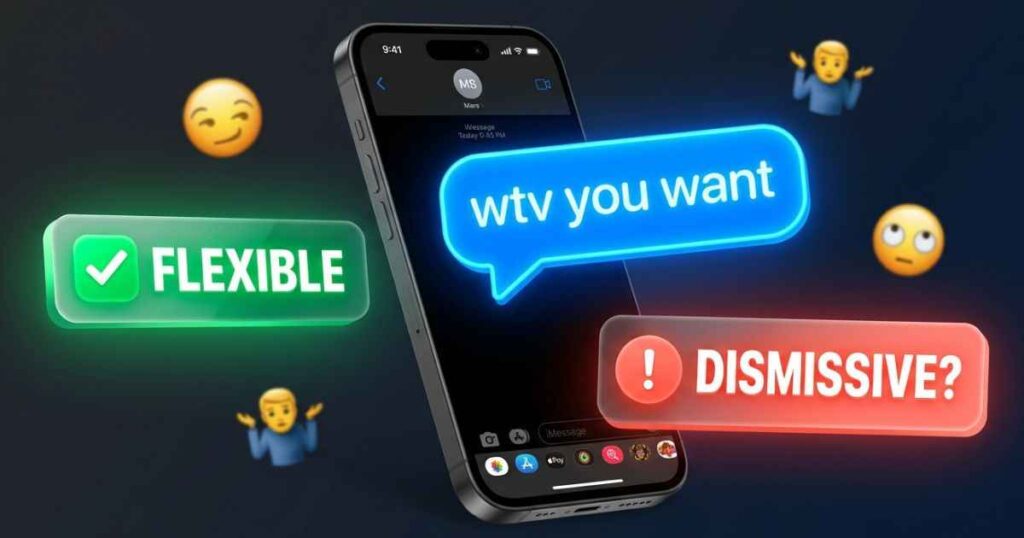 Smartphone screen displaying a text message conversation that says wtv you want to explain slang meaning.