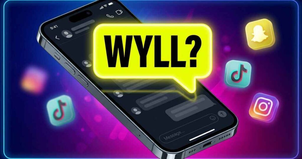 Illustration of a smartphone screen showing the text slang WYLL meaning What You Look Like.