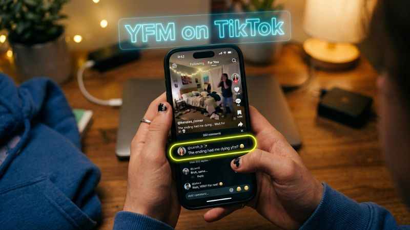 A person viewing TikTok video comments containing the acronym yfm.