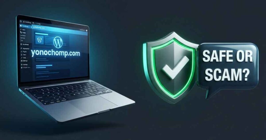 Yonochomp com review graphic showing website logo and security checkmark shield