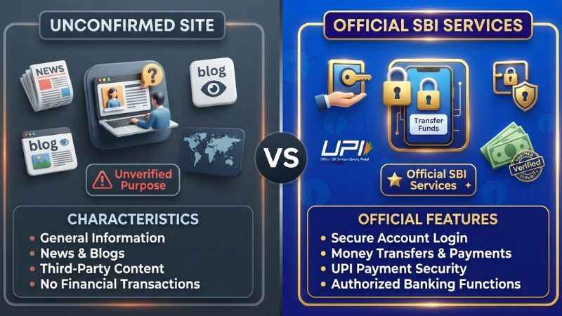 Comparison graphic showing unconfirmed website features versus official SBI YONO banking tools.