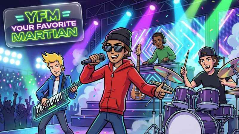 The cartoon members of the virtual animated band Your Favorite Martian YFM.