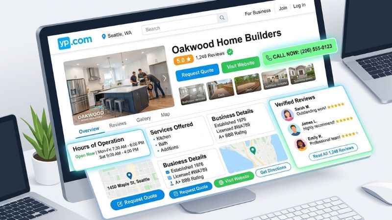 A completed business profile on YP.com showing address, phone number, operational hours, and customer reviews.
