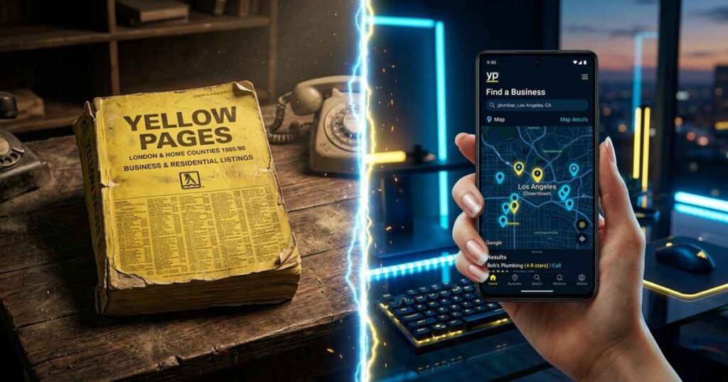 A print Yellow Pages phone book next to a smartphone showing the YP.com local business search site.