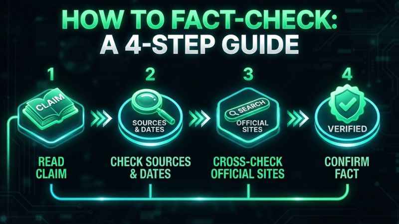 Four step diagram explaining how to fact check articles found on zavalio com.