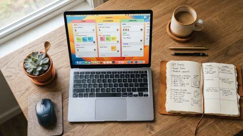 A desk setup showing a laptop with task cards next to an open paper planner used for tracking work goals.