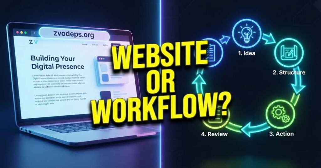 Split visual showing a blog browser interface on the left and a 4-step workflow loop on the right under text asking if zvodeps is a website or framework.
