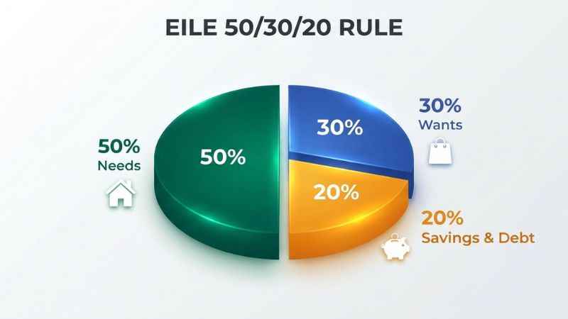 A clean pie chart illustrating the 50/30/20 budgeting rule showing needs, wants, and savings allocations.