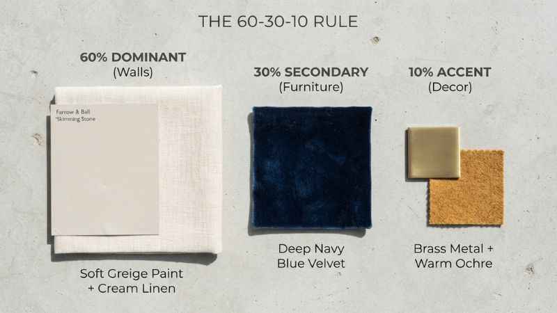 Color palette swatches showing the 60 30 10 color rule for home decorating.