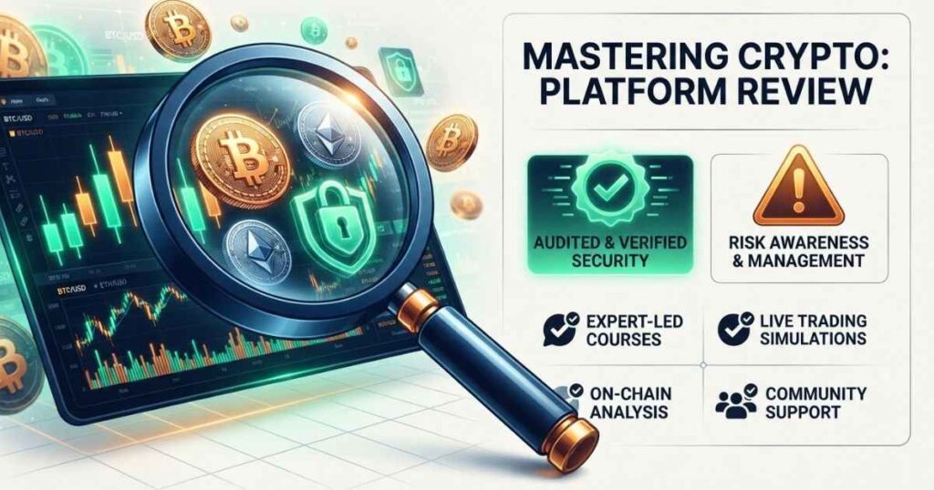 Adrian CryptoProNetwork platform review banner showing cryptocurrency analysis icons and a digital security audit shield.
