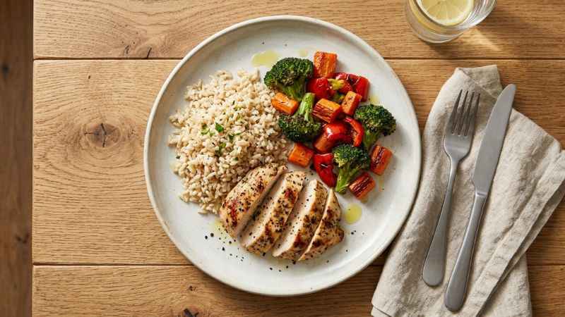 A meal plate on a wooden table featuring rice, roasted vegetables, and grilled chicken.