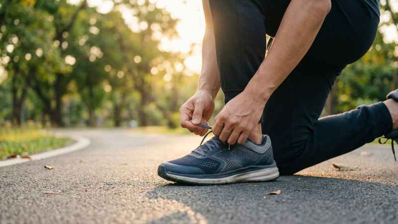 A person wearing sneakers tying their shoelaces on an outdoor park path.