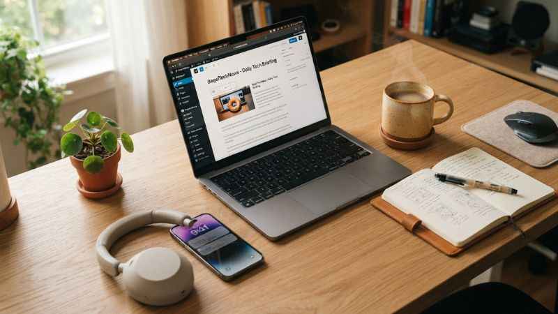 Laptop on a desk showing an online technology news article being written.