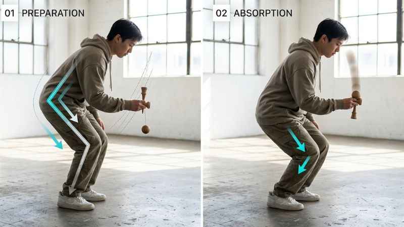 A player demonstrating proper knee bend form to catch a ball on a kendama big cup.