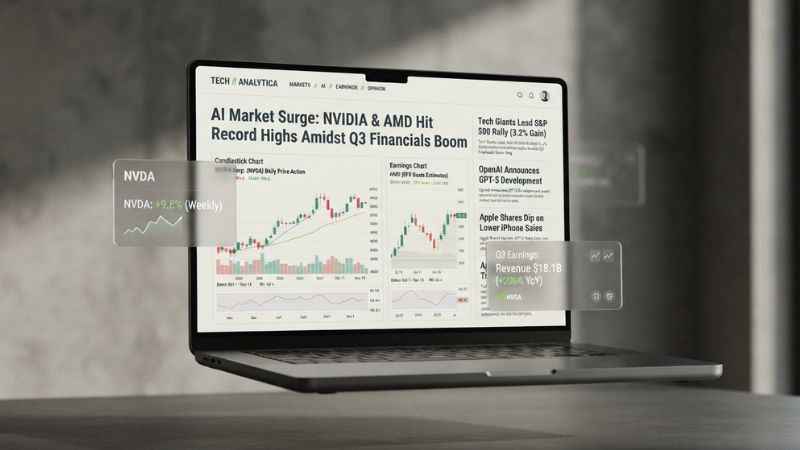 Sample web layout of bigtech365.com showing tech stock articles and earnings reports on a laptop screen.